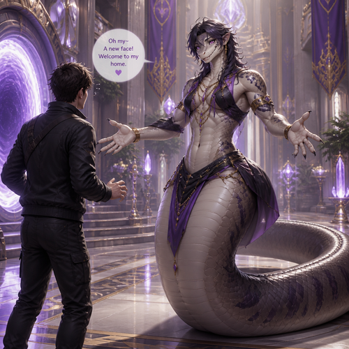A well-made friendly grown femboy male snake from somewhere in the sci-fi palace that wears something and has thick thighs, wide hips, and a long tail who’s happily greeted a nervous grown human being that came from a portal.