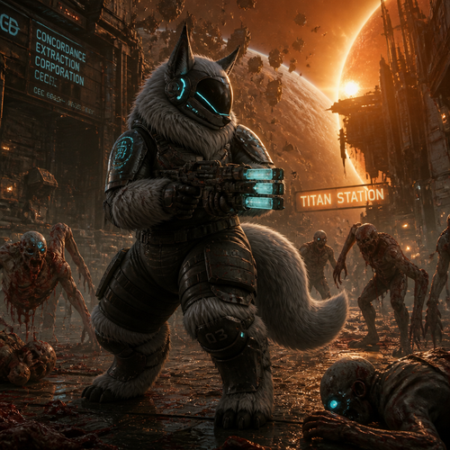 A thick fluffy Protogen in Dead Space universe, carrying a plasma cutter for self defense and fighting for survival in a city in space, close to the planet and near the sun. A well animated version. A sci-fi horror.