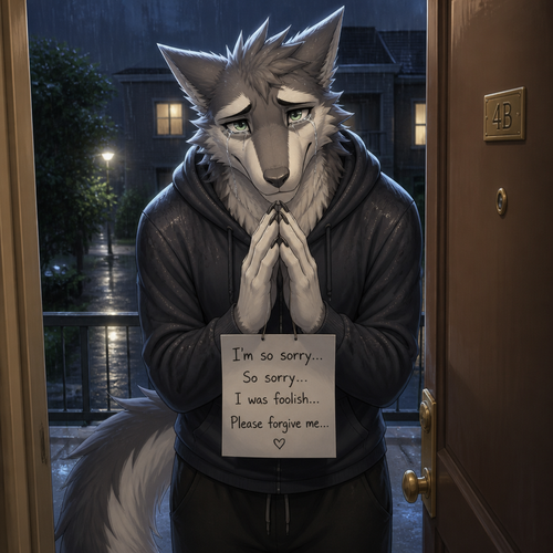 A well-made grown soft-hearted foolish Sergal male character who’s at the outside door of the apartment building who came with a tearful face and came to say that he was sorry again saying so sorry to beg forgiveness to a dear friend at a front view.