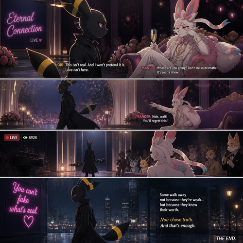 In a well-made anthro Pokemon universe, an non-rich grown brave male half gothic Umbreon named Noir refuses to accept the sham date with a grown richest male Sylveon (the spoiled careless Barron named Lysander) on a live dating fantasy show (in modern life) and decided to leave because love isn’t here. A well-made animated version. A sad but a good truthful ending. Side view.
