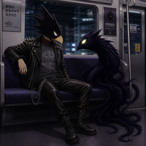 Tokoyami Fumikage wearing leather pants with a chain hanging off the right hip, a grey shirt with arcane symbols, and a leather jacket with shirt spikes on the shoulders of the jacket. He is sitting on a train talking to his quirk Dark Shadow. Anime art style, full body.
