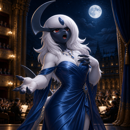 A well-made anthropomorphic Pokemon trans character, Absol who wears a silk blue dress and sings at the night of opera.