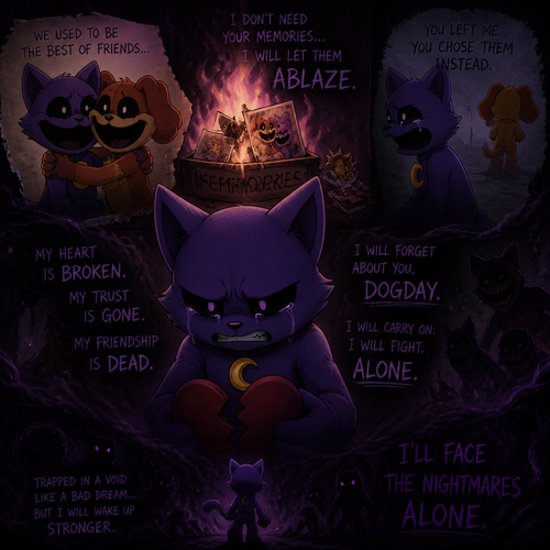 In Smiling critters verse, Catnap with feelings hurt and tears with anger and a heart broken, wants to forget about his ex-friend DogDay and let his memories ablaze. Trapped Into a void of darkness like a bad dream. A broken friendship. Moving/carry on and fight through the horrifying threats alone.