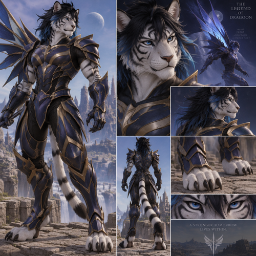 Male, anthro white tiger, digitigrade footpaws, thick black hair with blue tips, blue eyes, Legend of Dragoon, Dragoon armor

