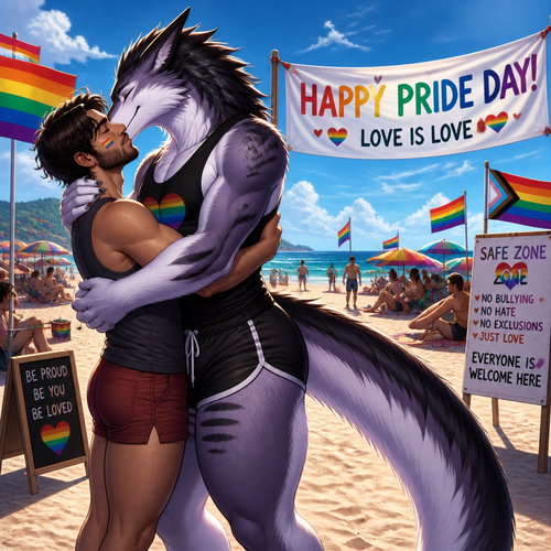 A well-made homosexual gay Sergal (male character) that wears tank-top and shorts that also has thick thighs and long tail is hugging and kissing a man on pride day where no any bully that bullies are not welcomed on a safe zone of a beach.