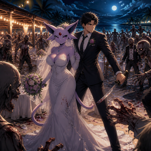In this reality, at the wedding right before everything was perfect and then after the zombies crashed the party. A busty adult female anthro Espeon the bride and her human groom as husband and wife stand together and face the living dead at night. A well-made anime version. A modern life. On a tropical island.