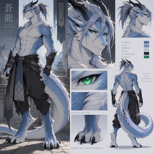 Male, azure dragon with fur and scales, black horns, hair in a messy ponytail, Toned, emerald  eyes, digitigrade footpaws, four toes, anime style, 