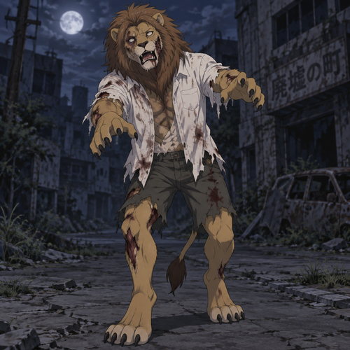 A anthropomorphic male Lion wearing a torn and ragged shorts, disheveled white button up shirt. He is wearing Zombie makeup and acting like a Zombie. Anime art style, solo, full body.