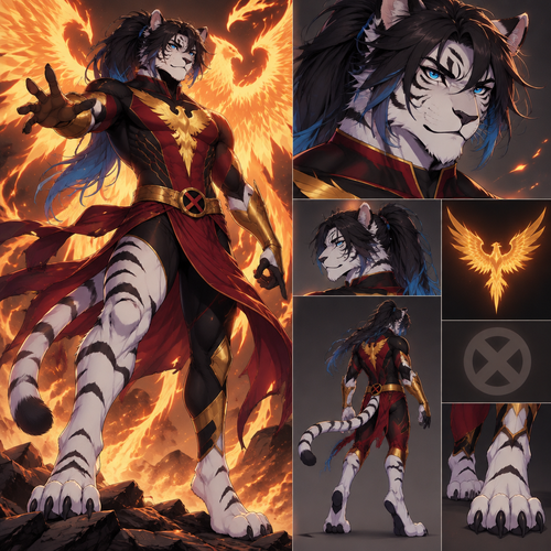 Male, anthro white tiger, digitigrade footpaws, thick black hair with blue tips, hair in a long ponytail, anime style, blue eyes, xmen phoenix