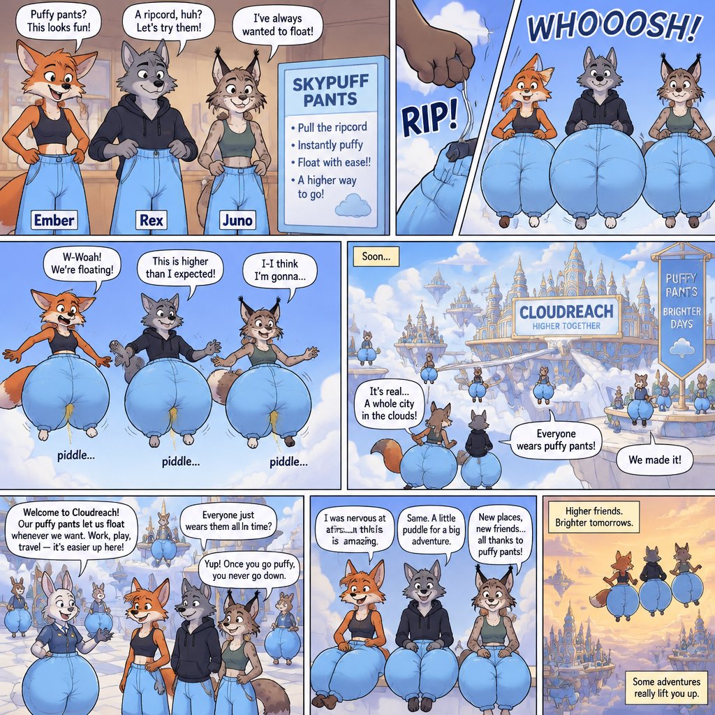 A multi panel comic about a lanky female anthropomorphic fox named Ember her lanky wolf friend Rex and her lanky Canadian lynx friend Juno who try on pants that become really puffy after pulling a ripcord, the pants are sky blue, after pulling the rip cord they start floating and piddle their pants out of nervousness, after a while the pants take them to a city in the clouds where everyone wears pants that are permanently puffy and they use them to float around when they want to, animated style