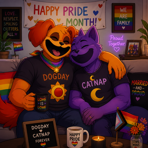 A anthropomorphic smiling critters verse. DogDay and Catnap are both boyfriends living together and married. Sits together on a sofa. Today’s pride month. Both grownups. Animated art version.