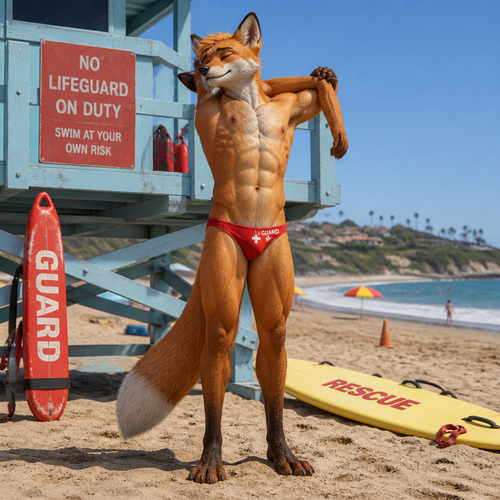A young male fox stretching from a hard days work. He is a lifeguard at a beach. Wearing a Speedo and no shirt. Full body.