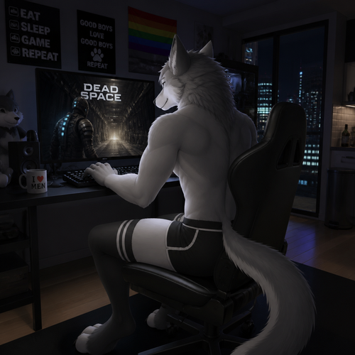 A homosexual grown male Sergal that wears shorts and has thigh highs also has buttocks, sits on a chair while playing Dead Space on PC. Well-made animated version. A modern life. Lives on an apartment. Backshot view.