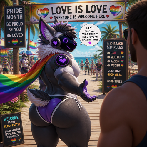 A well-made homosexual fluffy gay Protogen adult male character that wears a swimsuit and has thick thighs and a big round buttocks also has a short tail who’s invited a man into a party at the beach and has both nice views where love is love in pride month and there’s no hate and violence including racism allowed and fascism is not welcomed.
