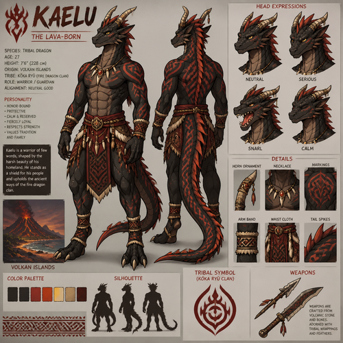 Anthropomorphic male tribal dragon from a volcanic island. Reference sheet, anime art style.