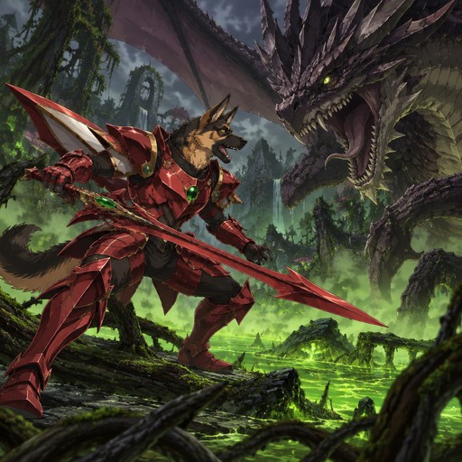 A male German shepherd wearing the fire dragoon armor from Legend of Dragoon. He is fighting a dragon in a poisonous forest. Anime art style, full body.