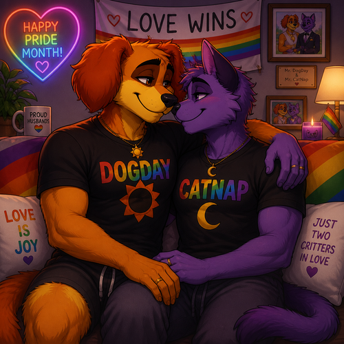 A anthropomorphic smiling critters verse. Both anthro DogDay and Catnap are both boyfriends living together and married. Sits together on a sofa. Today’s pride month. Both grownups. Animated art version. Looking at each other in wholesome. Yaoi.
