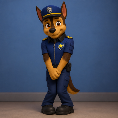 Chase from Paw Patrol In anthropomorphic form standing shyly.