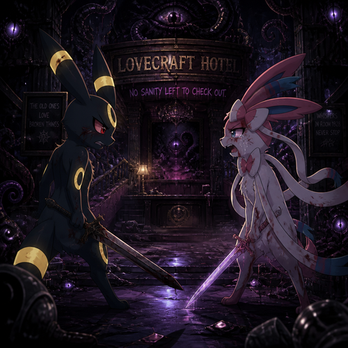 The two anthropomorphic grown male characters, A Umbreon and a Sylveon who’s been fighting and arguing each other with a sword’s battle. A sad broken relationship. Inside the Lovecraft Hotel and it’s more than just haunted. Anger and sadness including frustration. Animated version.