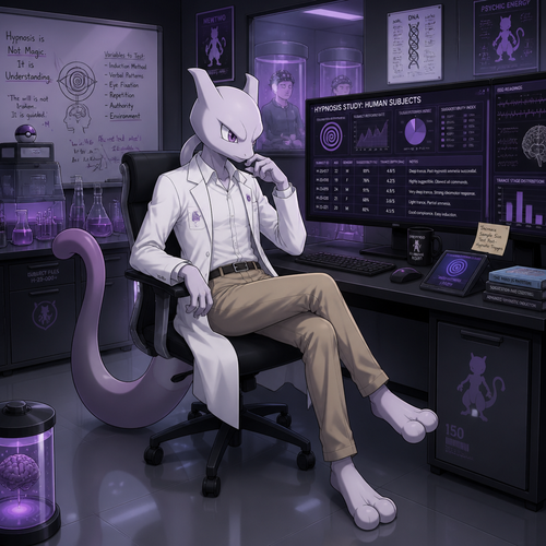 A high school aged male Mewtwo wearing tan khaki pants, white button up shirt, and a lab coat. He is sitting at his computer in his laboratory looking at the data he has collected on hypnotizing humans. Anime art style, solo, full body.