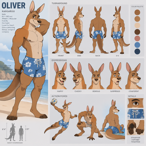 A muscular male anthropomorphic kangaroo named Oliver wearing swim trunks, animated version, reference sheet