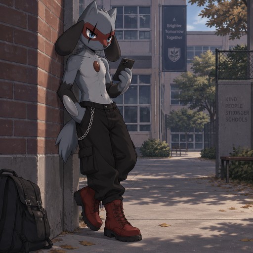 A male Riolu with light grey fur on his chest, dark grey fur in his arms and legs, brown half orb on his chest, the grey bumps on his hands extended to cover more of his paws but with a silver sheen and smooth look, light blue eyes, red face mask instead of black, and a black line over the right eye looking like a scar within the fur. He is wearing loose black pants with a chain hanging off the right hand side, no shirt, and blood red boots. Hanging out behind a school scrolling on his phone. Anime art style, solo, full body.