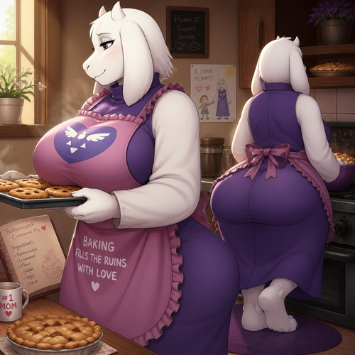  Toriel. Has Big breasts. Wears an apron. Love baking goods. At home. Well-made animated version. A single mother. Side and Backshot view.