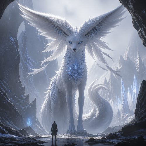 Vespria is a towering, fox-like creature standing nearly four meters tall, dwarfing even an average human. At first glance she almost appears gentle, with enormous ears, soft fur, and large expressive eyes that resemble polished crystal. That first impression fades the moment she begins to move.

Her fur is a ghostly white with faint silver undertones, giving the illusion that she's covered in fresh snow or pale ash. Blue crystalline markings bloom across her chest like frozen flowers, with smaller crystal growths running down her neck and body.

Her ears are impossibly large, acting almost like wings, and the feather-like tufts beneath them sway even when there's no wind. Her long tail curls behind her with a graceful, almost feline elegance.

Despite her massive size, every movement is unnaturally quiet.