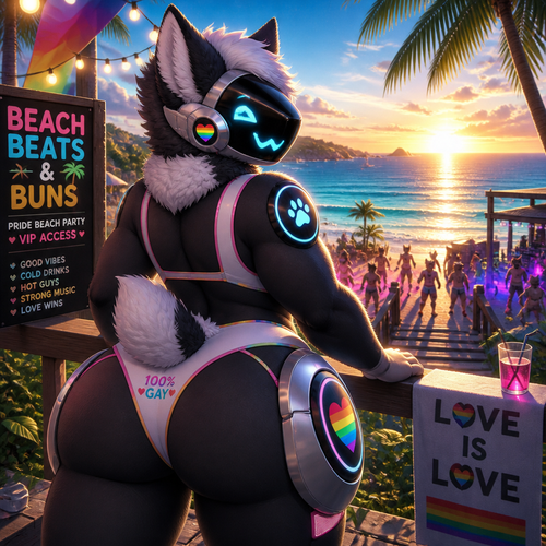A well-made homosexual fluffy gay Protogen that wears a swimsuit and has thick thighs and a big round buttocks also has a short tail who’s got invited into a party at the beach and has a nice view.