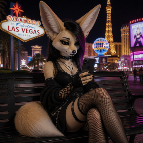 A well-made transgender Fennec Fox goth looking at a IPHONE while sitting on a bench in Las Vegas.