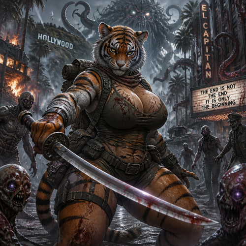 A busty well-made adult anthro Tiger that has thick thighs and survival gear on and holding a saber sword facing a mixed up dark spicy lovecraft zombie apocalypse, in Hollywood with pure bravery and courage alone. 