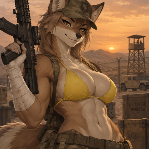 A digital illustration of an anthropomorphic character with an attractive, muscular physique—featuring powerful biceps, a full bust, and defined abs. She wears a worn-looking olive-green military cap and a bright yellow bikini top, maintaining a confident expression. Her right arm is heavily wrapped in white bandages extending from the wrist to the mid-forearm, and she holds a black tactical rifle. She strikes a confident, slightly provocative pose against a desert military base backdrop; the silhouette of a distant watchtower and a wire fence stands out against a hazy, orange-hued sky. The composition is a half-body shot focusing on the character's torso and face, captured from a dramatic angle. Directional lighting creates soft shadows that accentuate the contours of her silhouette. The color palette is dominated by muted earth tones that contrast sharply with her fur and the vibrant yellow of her swimwear. The atmosphere is rugged yet serene.