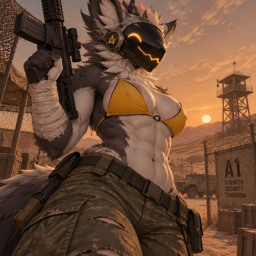 A digital illustration of an anthropomorphic Protogen character with an attractive, muscular physique—displaying powerful biceps, a full bust, and defined abs. She wears worn-looking olive-green military pants and a bright yellow bikini top, maintaining a confident expression. Her right arm is heavily wrapped in white bandages extending from the wrist to the mid-forearm, and she holds a black tactical rifle. She poses confidently and with a hint of excitement in front of a desert military base; the silhouette of a distant watchtower and a wire fence stand out against a hazy, orange-hued sky. The composition is a half-body shot focusing on the character's torso and face, utilizing a dramatic, extreme angle. Directional lighting creates soft shadows that accentuate the contours of her silhouette. The color palette is dominated by subdued earth tones that contrast sharply with her fur and the vibrant yellow of her swimwear. The atmosphere is rugged yet serene.