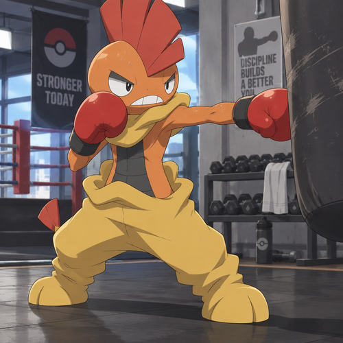 Male Scrafty at a gym practicing boxing. Anime art style, full body.