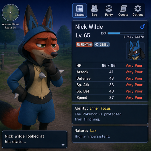 Nick Wilde wearing a Lucario themed outfit. His is inside a video game looking at his stats seeing he is level 65 with all bad stats.
