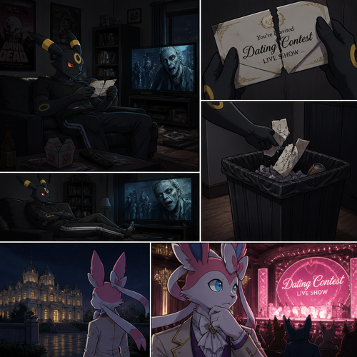 In a anthro Pokemon universe. A grown non-rich Umbreon male who lives in a apartment alone who’s ripped the envelope that says; your invited to dating contest live show; from the grown wealthy Sylveon male (the Barron) and then put it on a trash while continues to watch a zombie horror movie on television, while the Barron feels something is not right and didn’t shown while the live show starts. A well-made animated modern life version.