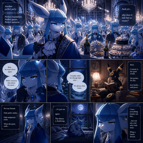 A very wealthy Glaceon (the male Barron) that wonders about a non-rich grown Umbreon male character (named Rick) who’s stayed at home reading while not around in his welcoming party. There were cakes and snacks also booze on each table. A well-animated version. All Glaceons. Inside the mansion. Has no real friends. Deep grief and loneliness.