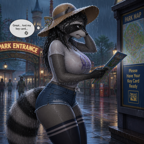 A well-made adult matured anthro female Raccoon character that wears a sun hat and a T-shirt who lost her key card unhappily annoyed. Has thigh highs and boobs. On a rainy day at the themed park. Well-animated version. All wet. Side view.
