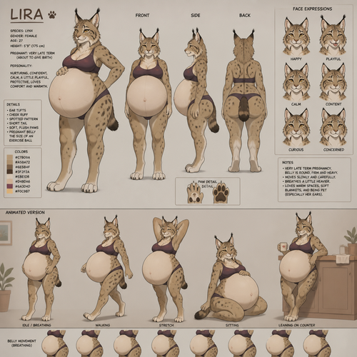 A female anthropomorphic Lynx with a pregnant belly the size of a exercise ball, reference sheet, animated version 