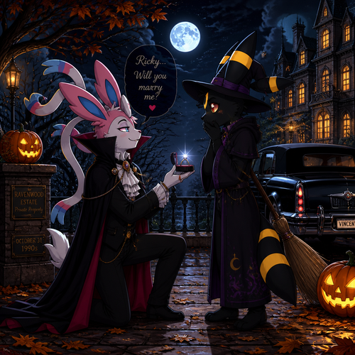 In this anthropomorphic verse on a Halloween night, a wealthy grown queer Sylveon male named Vincent (the Barron who dressed as a gay vampire) who spent many days with his boyfriend (a non-rich grown mature Umbreon male named Ricky dresses as a witch) while finally asking to marry him to show affection. A well-made animated version. A spooky and scary holiday on October autumn. A modern society year 1990s. Side view.