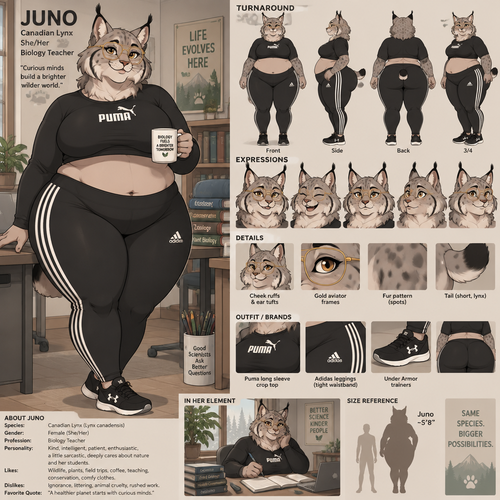 A very plump female anthropomorphic Canadian Lynx named Juno, has cheek ruffs and ear tufts like a normal lynx, is wearing a Puma brand long sleeve crop top and black Adidas leggings with a tight waistband, wears under armor trainers, brand, wears glasses, her glasses are gold aviator frames, is a biology teacher, is in a room alone, animated version, reference sheet, one big picture 