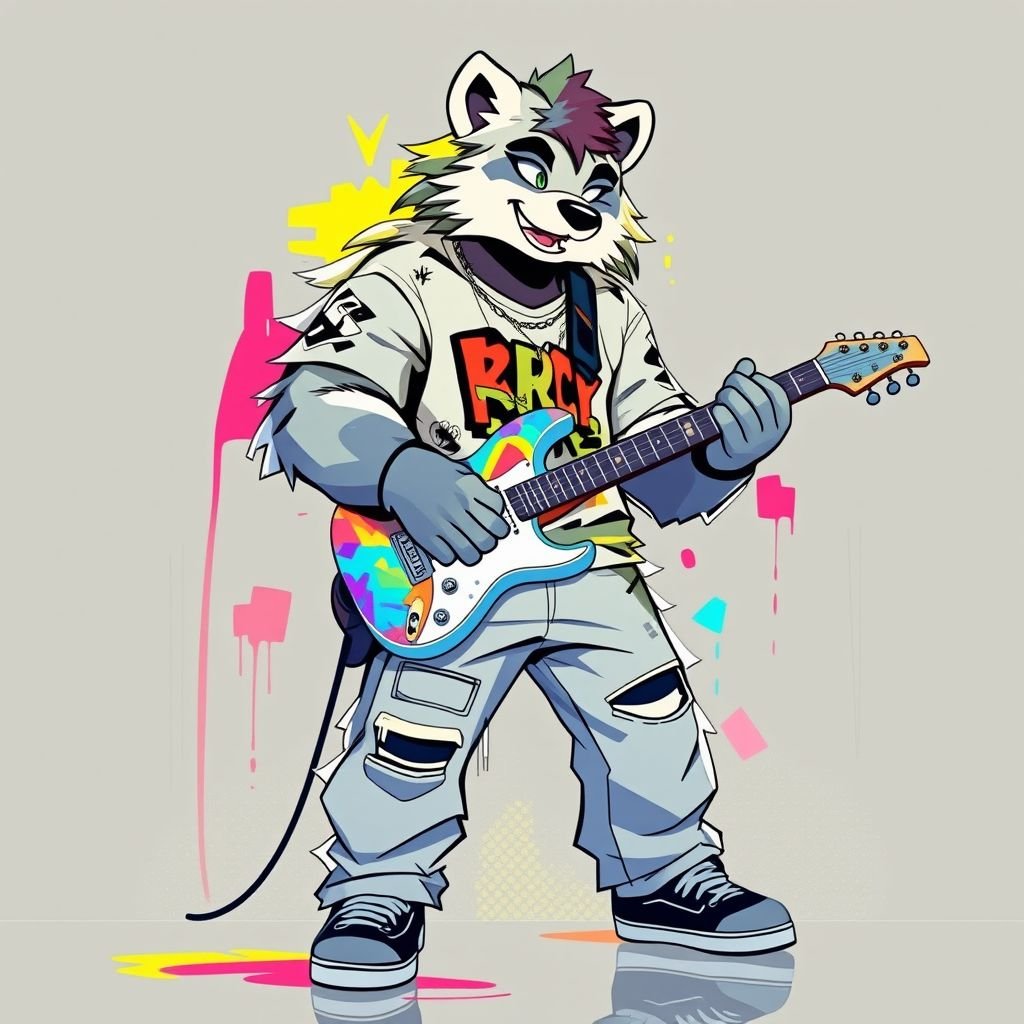 Ice bear fursona, playing guitar draw him in a graffiti art style wearing ripped jeans a t shirt and black vans he is gay but cool looking