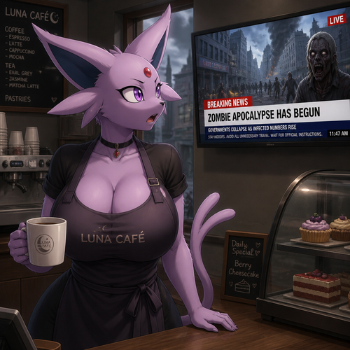 A well-made busty grown anthro female Espeon who works at a cafe wearing an apron on until today’s news on television saying about the zombie apocalypse had started. A animated universe.