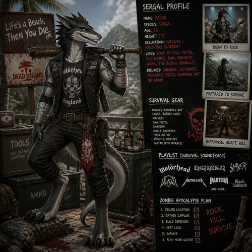 A well-made adult Sergal character that loves rock and roll and metal who’s been preparing on a zombie apocalypse, Dead Island.