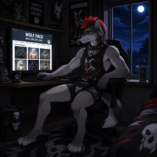 A young male dire wolf wearing tight mightyena theme boxers and loose houndoom theme sleeveless shirt, has a red mohawk hairstyle, wearing a spiked collar with a skull hanging from it. Sitting at a computer desk browsing a male wolves only website. Next to the desk built into the wall is a window showing its nighttime outside. Anime art style. Full Body