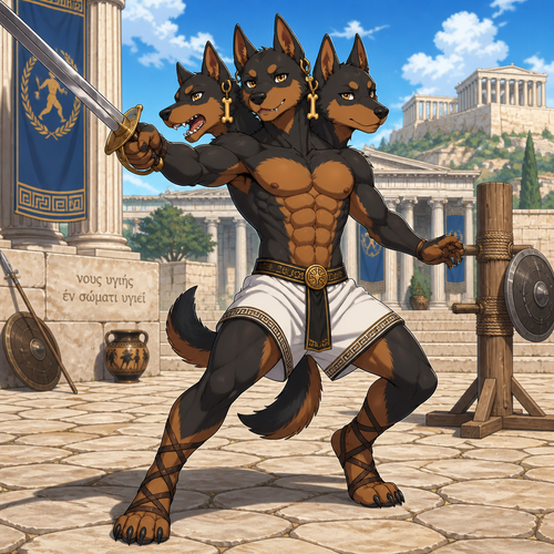 A middle school aged male anthropomorphic Cerberus wearing Greek inspired shorts, shirtless showing off a 16 pack of abs, Greek sandals, and golden bone earrings. He is in a Greek training grounds practicing his sword work. Anime art style, solo, full body.