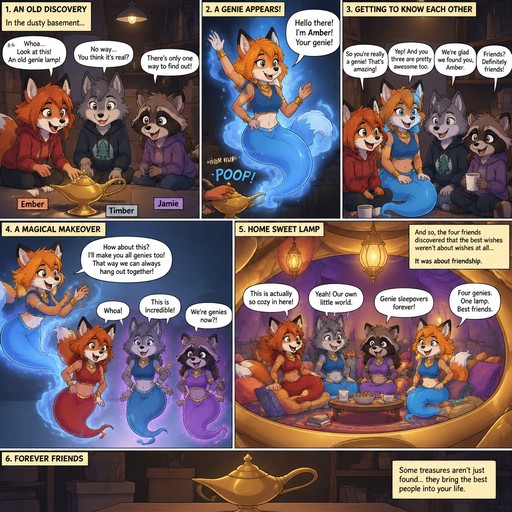 A multi panel comic about a teenage female anthropomorphic fox named Ember a teenage female anthropomorphic wolf named Timber and a teenage female raccoon named Jamie. It starts with them in a basement finding a genie lamp and rub it then a female anthropomorphic fox genie comes out, the genie has a blue tail and is named Amber and looks teenage age. After a little while they become friends and Amber turns everyone into genies and they go into her lamp and hang out together, animated style
