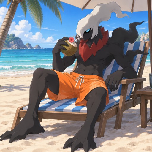 Male Darkrai wearing loose bright orange swim trunks sitting on a beach chair along a beach drinking from a coconut. Anime art style, solo, full body.