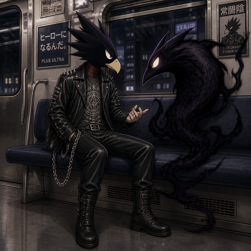 Tokoyami Fumikage wearing leather pants with a chain hanging off the right hip, a grey shirt with arcane symbols, and a leather jacket with shirt spikes on the shoulders of the jacket. He is sitting on a train talking to his quirk Dark Shadow. Anime art style, full body.