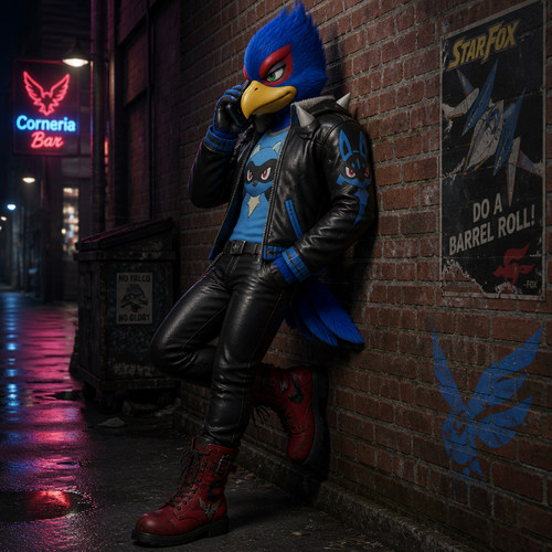 Falco Lombardi wearing a Lucario style leather jacket with a Riolu style shirt underneath it, tight black leather pants and red combat boots. He is leaning against a brick wall talking with someone on his cellphone.